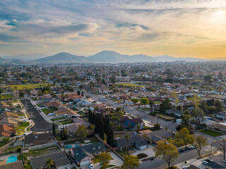 aerial view of the suburban city of Fontana California - obrazy, fototapety, plakaty