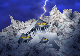 Bank building is collapsed. Bankruptcy bank. Collapse financial organization. Banking crisis. Signs of dollar near economic organization. Loss of money by bank depositors after bankruptcy. 3d image - obrazy, fototapety, plakaty