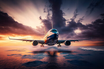 Fototapeta na wymiar White passenger plane climbs through through a cloudy sky at sunset. Generative Ai.