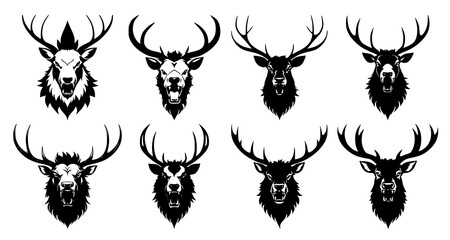 Set of deer heads with open mouth and bared fangs, with different angry expressions of the muzzle. Symbols for tattoo, emblem or logo, isolated on a white background.