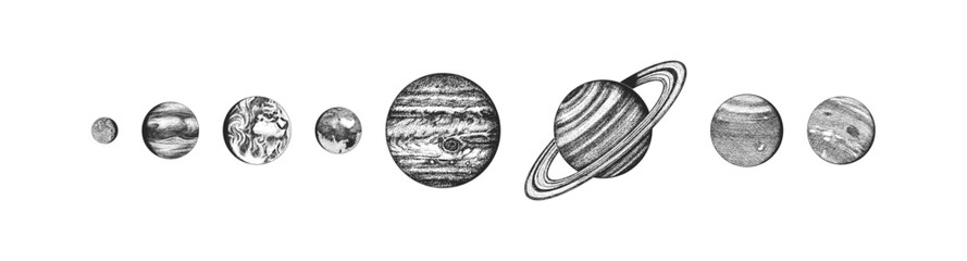 Planets in solar system. Moon and the sun, mercury and earth, mars and venus, jupiter or saturn and pluto. astronomical galaxy space. engraved hand drawn in old sketch, vintage style for label.