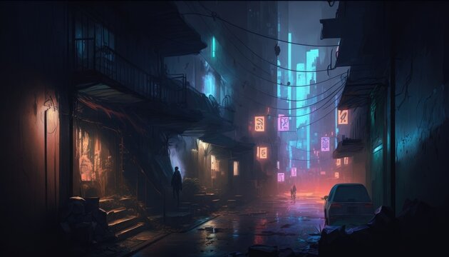 A blaze of neonfilled night lights offer no solace from the dangers of corporate espionage in the dark alleys of a megalopolis. Cyberpunk art. AI generation.