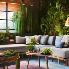 A living room with a lot of plants and a big TV1, Generative AI