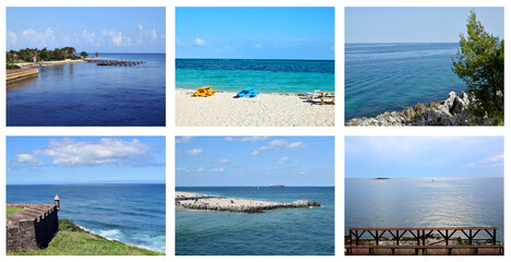 Seascapes collage. Blue sea and sky, travel concept