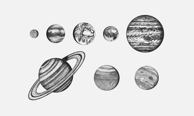 Planets in solar system. Moon and the sun, mercury and earth, mars and venus, jupiter or saturn and pluto. astronomical galaxy space. engraved hand drawn in old sketch, vintage style for label. © artbalitskiy