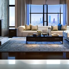 A living room with a big TV and a view of the city1, Generative AI