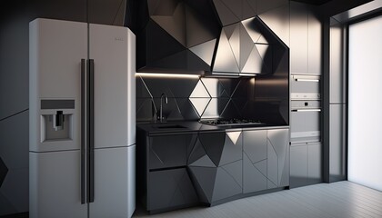 Modern kitchen interior conceptual design idea. Generative AI illustration.