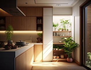 Modern kitchen interior design idea. Wood furnitures. Generative AI illustration.