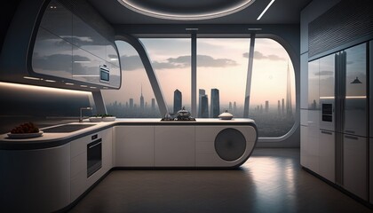 Modern interior design idea of a futuristic kitchen with a view on a city. Generative AI illustration.