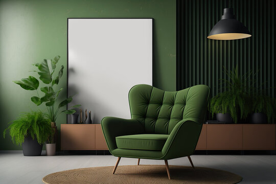 Luxury Interior of stylish living room with green velours armchair, AI generative