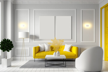 Two empty Mock up poster in White Interior of living room withyellow sofa, AI generative