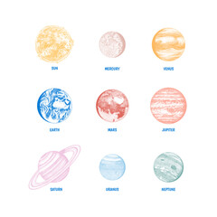 Planets in solar system. Moon and the sun, mercury and earth, mars and venus, jupiter or saturn and pluto. astronomical galaxy space. engraved hand drawn in old sketch, vintage style for label.