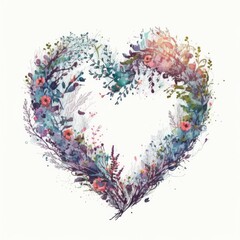 Fototapeta na wymiar a beautiful watercolor heart-shaped wreath illustration with as assortment of flowers, branches, nature, spring-themed illustrations, wedding, bridal, generative ai