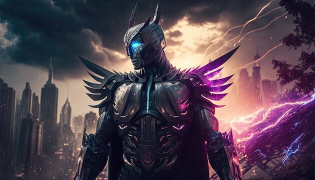 A cybernetic warrior stands tall against the backdrop of a cyberpunkinspired cityscape a vision of a posthuman future. Cyberpunk art. AI generation.