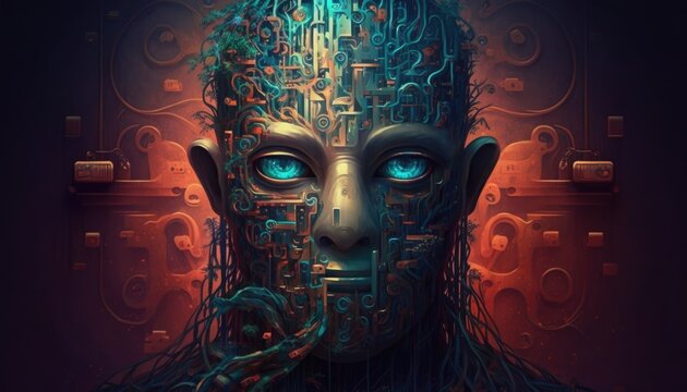An artificial consciousness is uploaded to a computer unlocking the secrets of hacker culture. Cyberpunk art. AI generation.
