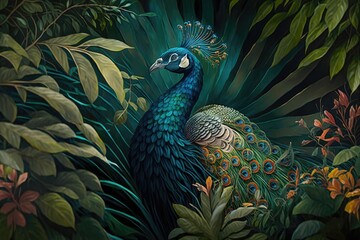 Fototapeta premium Elegant peacock displayed its colorful feathers amidst a sea of tropical foliage. Generative AI