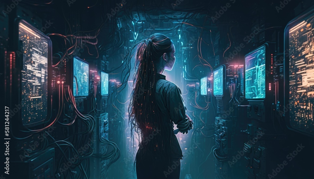 Poster a person connected to a network of computer servers illustrating the concept of cyberspace. cyberpun