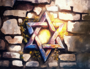 A glistening star of David suspended from an old stone wall marking the tomb of a long forgotten saint. AI generation.