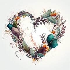 a beautiful watercolor heart-shaped wreath illustration with as assortment of flowers, branches, nature, spring-themed illustrations, wedding, bridal, generative ai