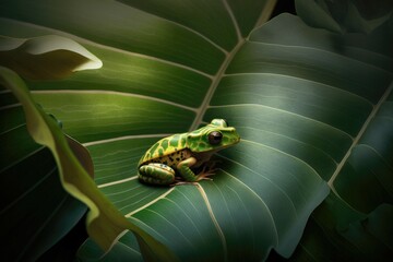 Tiny tree frog perched on a leaf of a giant monstera plant. Generative AI