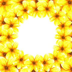 Frame with flowers. Watercolor abstract bright summer yellow flowers and leaves. Isolated objects on white background