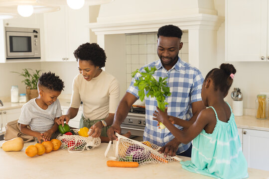 Happy african american family unpacking groceries in kitchen