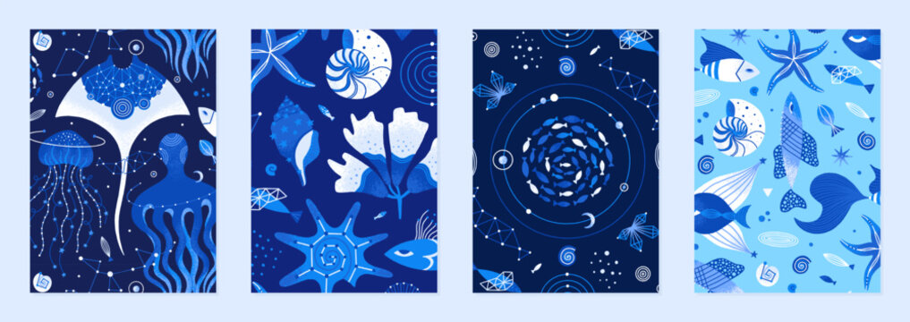 Set of vector illustrations of cosmic underwater creatures. Marine life decorated with constellations, stars, planets. Magic space sea designs for posters, notebook covers. Blue and white colors