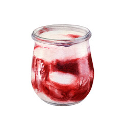 Watercolor illustration of yogurt with raspberry jam, isolated on white background. White chocolate mousse raspberry in a glass.