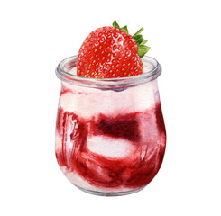 Watercolor illustration of yogurt with strawberry isolated on white background. White chocolate mousse strawberry jam in a glass.