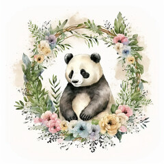 Naklejka premium Beautifully watercolor painting of a panda surrounded by a wreath of colorful flowers and leaves on white background, Generative AI