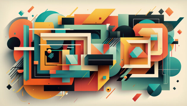 Explosive Abstraktion in 3D: Geometrische Formen, Farbverl&auml;ufe und Kontraste verschmelzen zu einem kreativen und surrealen Kunstwerk voller Muster und lebendiger Farben