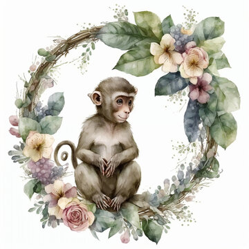 Beautifully watercolor painting of a monkey surrounded by a wreath of colorful flowers and leaves on white background, Generative AI