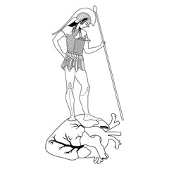 Ancient Greek young warrior holding spear standing on a human heart. Creative concept. Victory over emotions. Black and white silhouette. Coup de grâce.