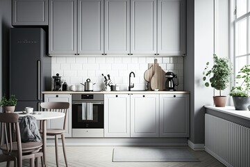 clean minimalist kitchen interior, Scandinavian style, grey tones - generative AI