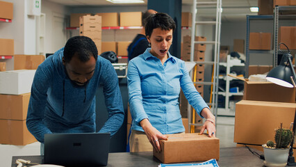 Entrepreneurs team putting goods in boxes for stock shipment and delivery, working on retail development. Partners shipping merchandise in packages from racks, logistics and quality control.