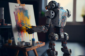 Fototapeta premium Artificial intelligence robot working on computer at home. Technology and innovation concept.generative ai