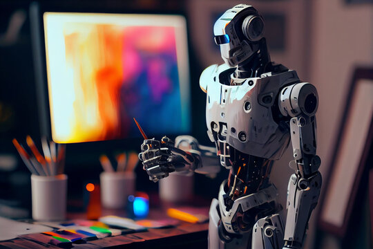Artificial intelligence robot working on computer at home. Technology and innovation concept.generative ai