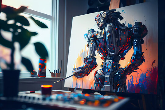 Artificial intelligence robot working on computer at home. Technology and innovation concept.generative ai
