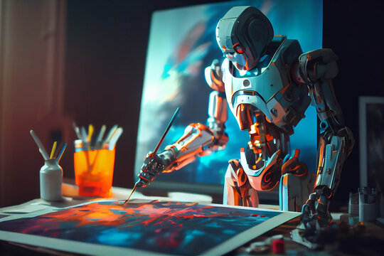 Artificial intelligence robot working on computer at home. Technology and innovation concept.generative ai