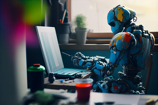 Artificial intelligence robot working on computer at home. Technology and innovation concept.generative ai