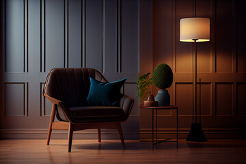 Modern black armchair and lamp in dark room.generative ai
