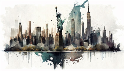 Image created with Artificial Intelligence simulating a painting with the watercolor technique, diluted and soft colors. New York City, United States of America. Travel. Holiday destination