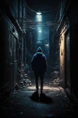 Dangerous criminal in a hoodie in a dark and grungy alley.  Generative AI.
