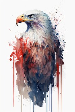 Digital illustration of a watercolor bald eagle, with paint drips and streaks in red, white and blue, the American flag colors, running. Made in part with Generative AI.

