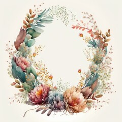 a watercolor flower wreath with space in the center, neutral colors, bridal, floral, high quality, roses, nature, spring, fall colors, generative ai