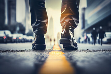 Close up of man's feet walking on the road at sunset.generative ai