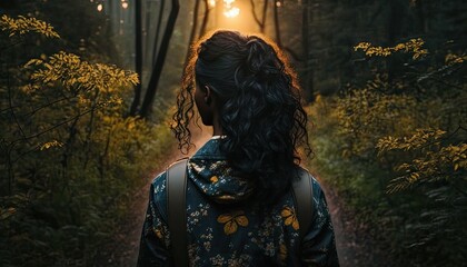 Fototapeta na wymiar A woman walking through a forest at night
