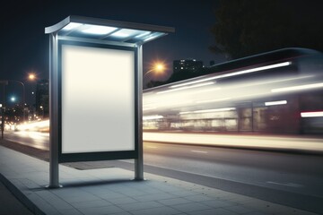 Billboard with light in the city center at night, with bus in motion Generative AI

