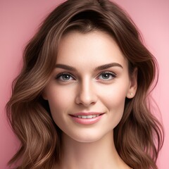 Fototapeta premium Beautiful woman brunette beauty close-up portrait on pink background. Generative AI
