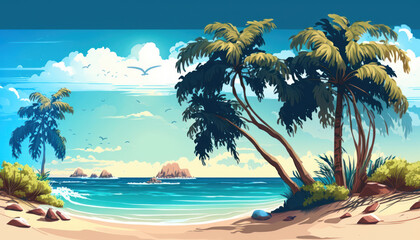 Obraz na płótnie Canvas Tropische Träume: Erleben Sie den perfekten Sommerurlaub am wunderschönen Strand, wo das Meer und der Himmel sich vereinen, umgeben von exotischen Palmen und weißem Sand, während Sie entspannen und di